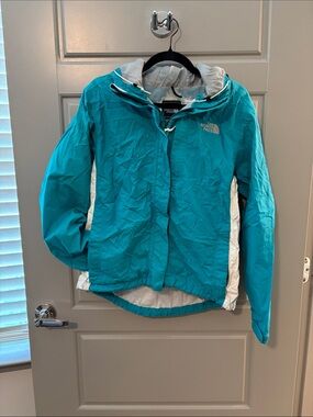 The North Face Teal and White Hooded Rain Jacket